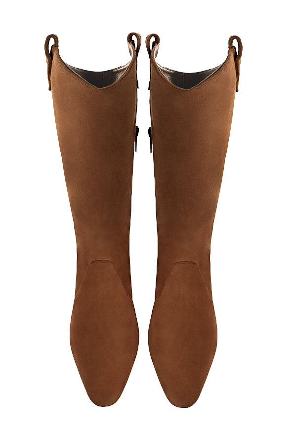 Caramel brown women's mid-calf boots. Round toe. Medium block heels. Made to measure. Top view - Florence KOOIJMAN